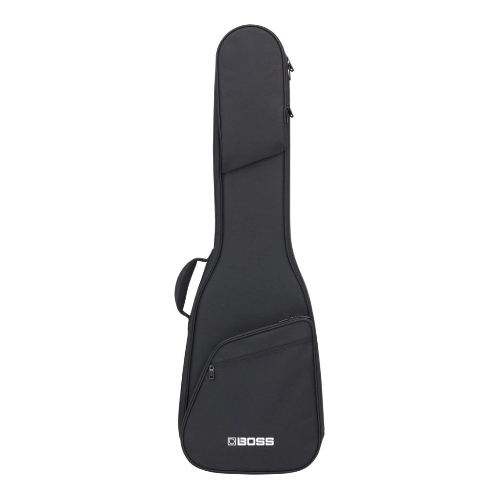 A black soft-sided guitar or ukulele gig bag with a front zippered pocket and a white BOSS logo near the bottom, shown against a plain white background.