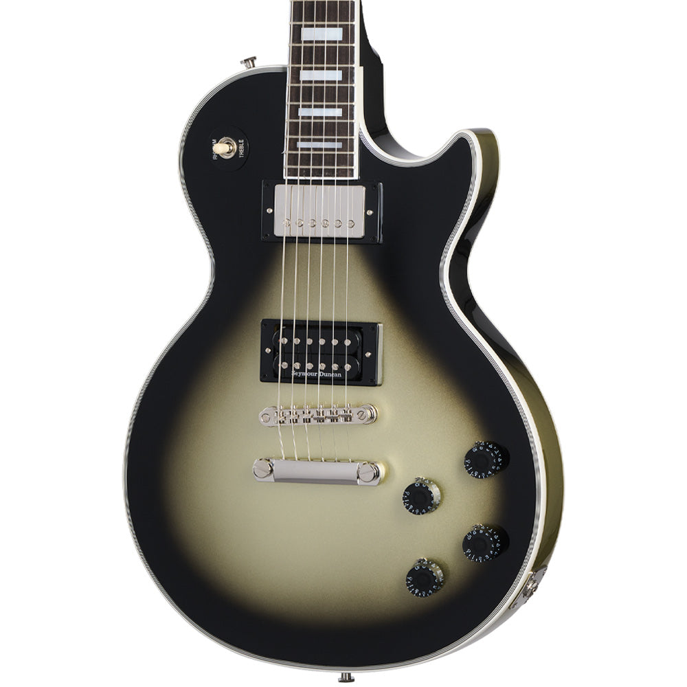 Epiphone Adam Jones 1979 Les Paul Custom Antique Silverburst Front ; Epiphone Adam Jones 1979 Les Paul Custom Antique Silverburst Full ; Epiphone Adam Jones 1979 Les Paul Custom Antique Silverburst Rear ; Epiphone Adam Jones 1979 Les Paul Custom Antique Silverburst Headstock Front ; Epiphone Adam Jones 1979 Les Paul Custom Antique Silverburst Headstock Rear ; Epiphone Adam Jones 1979 Les Paul Custom Antique Silverburst Case