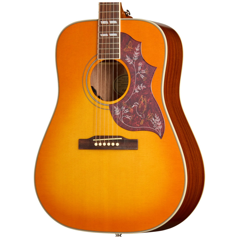 Epiphone Hummingbird Studio Heritage Cherry Sunburst Body View ; Epiphone Hummingbird Studio Heritage Cherry Sunburst Full View ; Epiphone Hummingbird Studio Heritage Cherry Sunburst Back View
