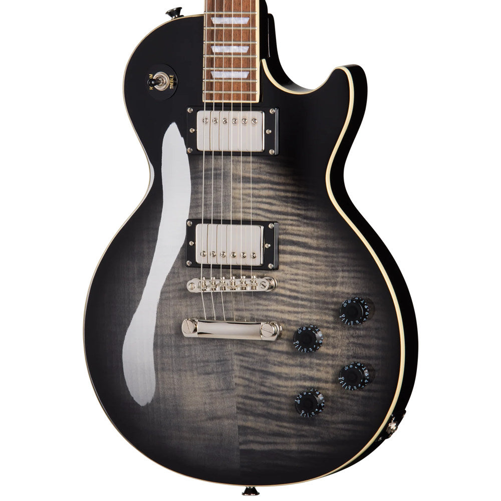 Epiphone Les Paul Tribute Plus Ebony Burst Body View ; Epiphone Les Paul Tribute Plus Ebony Burst Full View ; Epiphone Les Paul Tribute Plus Ebony Burst Back View