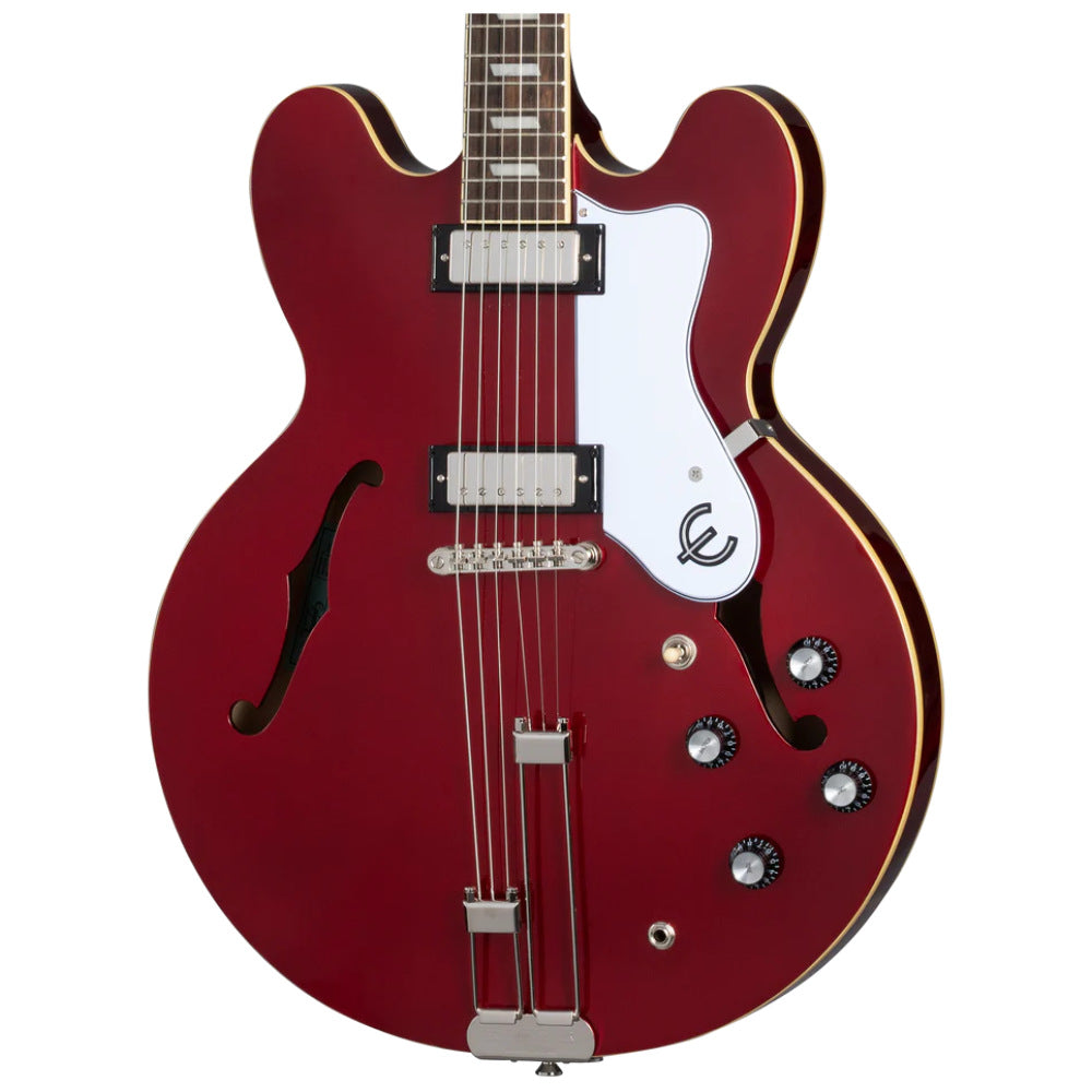 Epiphone Riviera Frequensator Sparkling Burgundy Body View ; Epiphone Riviera Frequensator Sparkling Burgundy Full View ; Epiphone Riviera Frequensator Sparkling Burgundy Back View