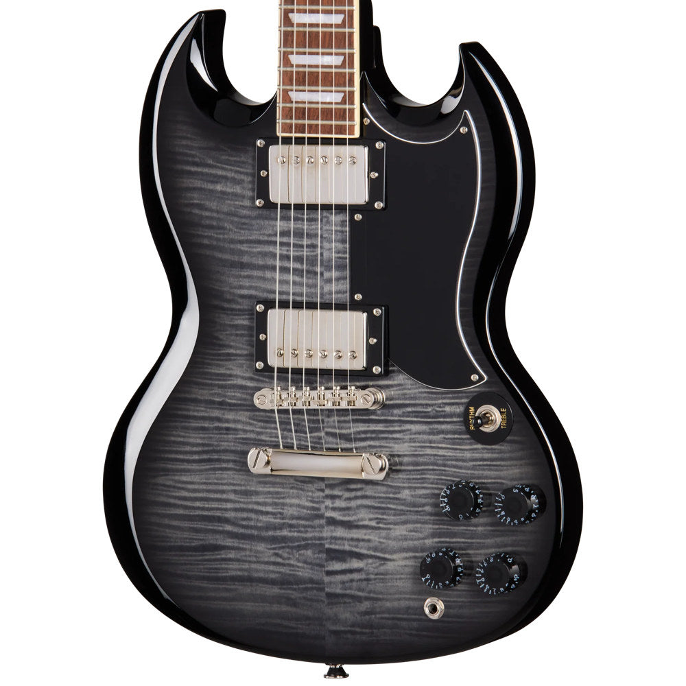 Epiphone SG Tribute Plus Ebony Burst Body View ; Epiphone SG Tribute Plus Ebony Burst Full View ; Epiphone SG Tribute Plus Ebony Burst Back View