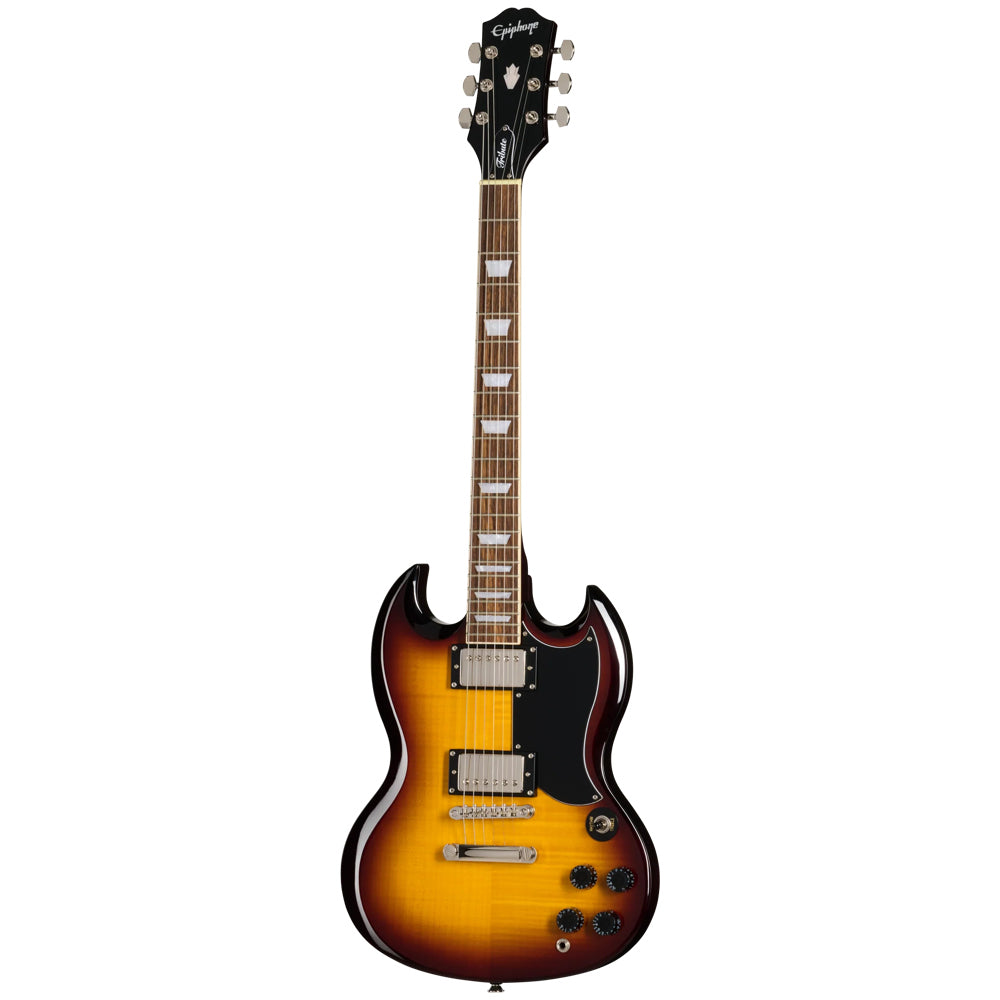 Epiphone SG Tribute Plus Vintage Sunburst Body View ; Epiphone SG Tribute Plus Vintage Sunburst Full View ; Epiphone SG Tribute Plus Vintage Sunburst Back View