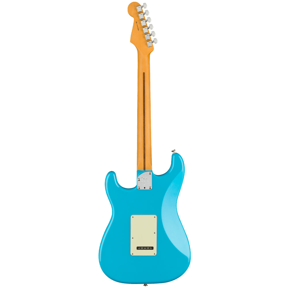 Fender American Professional II Stratocaster Miami Blue close view ; Fender American Professional II Stratocaster Miami Blue full view ; Fender American Professional II Stratocaster Miami Blue back view