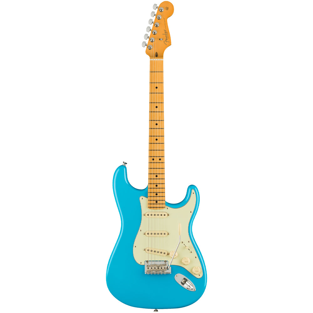 Fender American Professional II Stratocaster Miami Blue close view ; Fender American Professional II Stratocaster Miami Blue full view ; Fender American Professional II Stratocaster Miami Blue back view