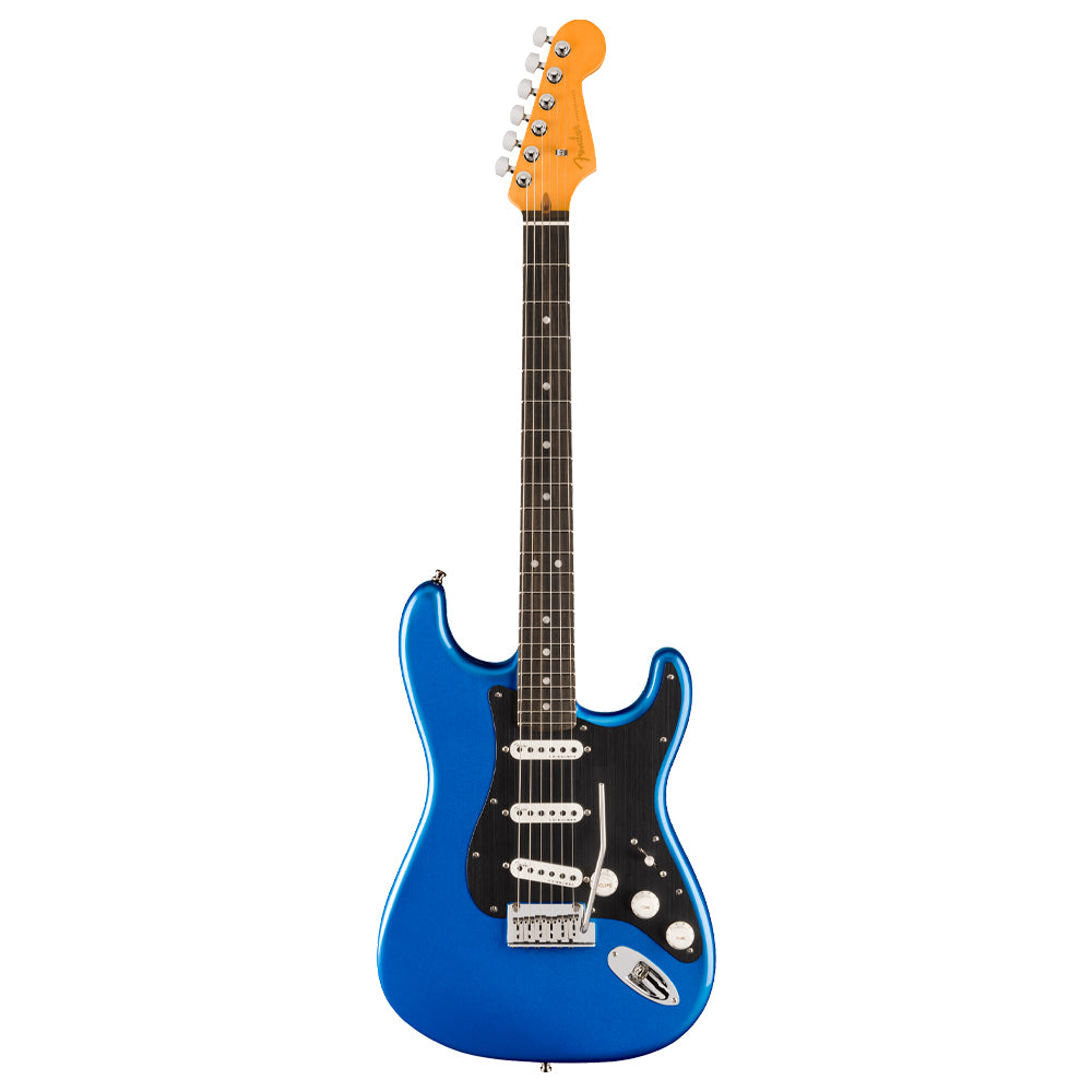 Fender American Ultra II Stratocaster Noble Blue close view ; Fender American Ultra II Stratocaster Noble Blue full view ; Fender American Ultra II Stratocaster Noble Blue back view