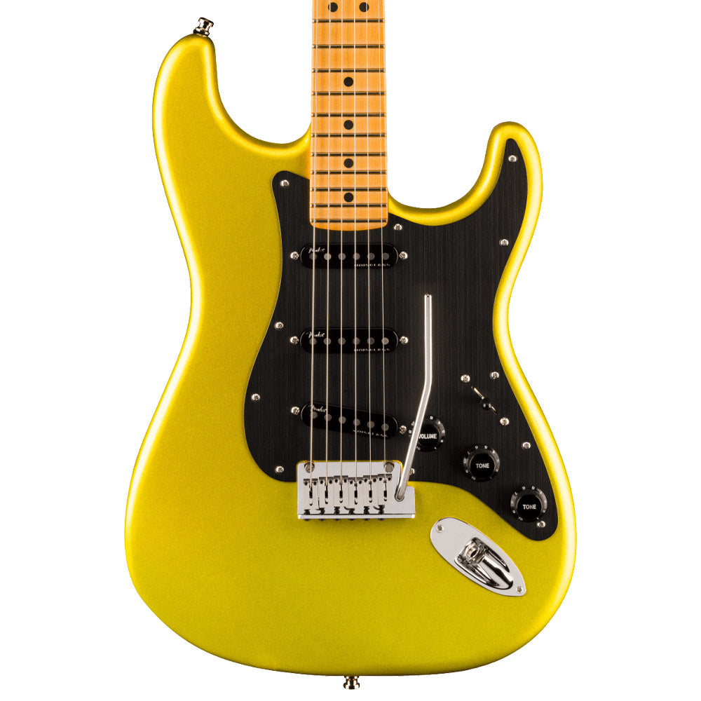 Fender American Ultra II Stratocaster Solar Flare close view ; Fender American Ultra II Stratocaster Solar Flare full view ; Fender American Ultra II Stratocaster Solar Flare back view