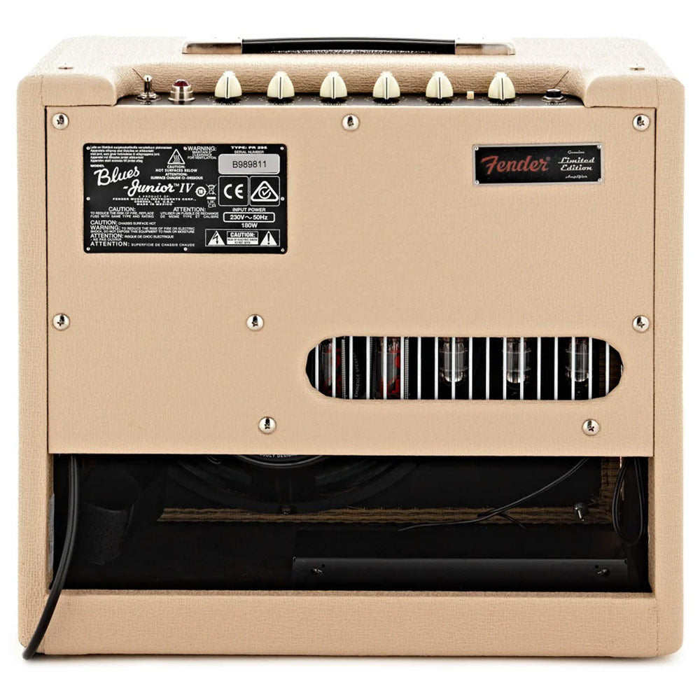 Fender Blues Junior IV Blonde front view ; Fender Blues Junior IV Blonde controls ; Fender Blues Junior IV Blonde back view