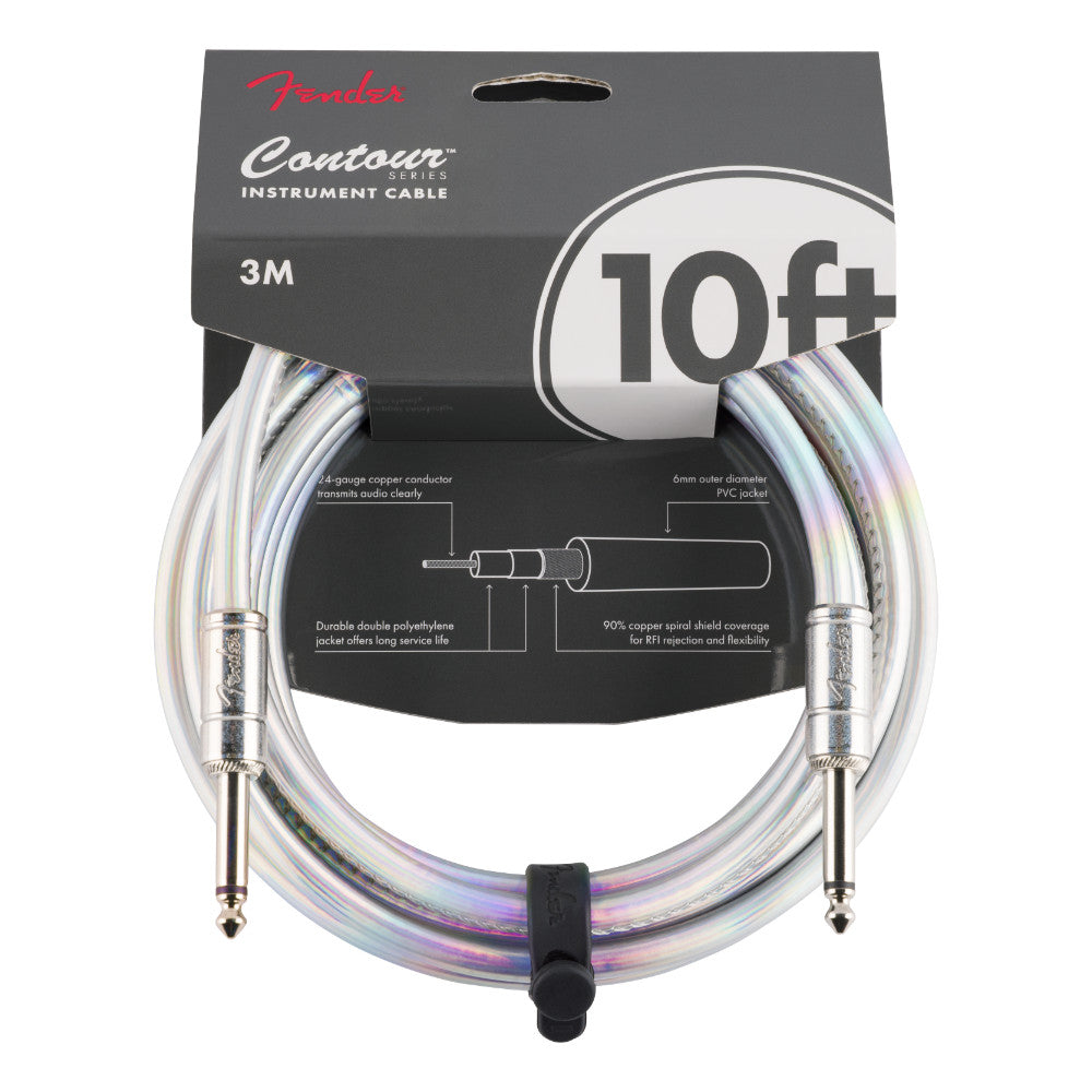 Fender Contour Galaxy Intrument Cable 10ft Iridescent Open View ; Fender Contour Galaxy Intrument Cable 10ft Iridescent Packaged View