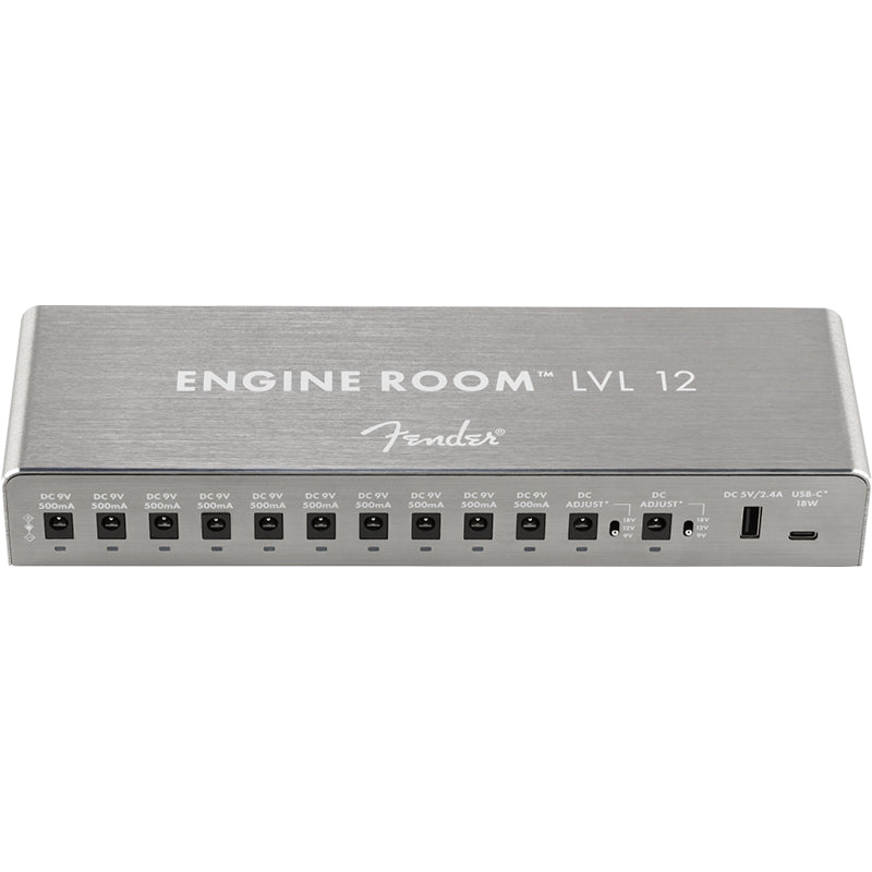 Fender Engine Room LVL12 Pedal Power Supply front ; Fender Engine Room LVL12 Pedal Power Supply cables ; Fender Engine Room LVL12 Pedal Power Supply back