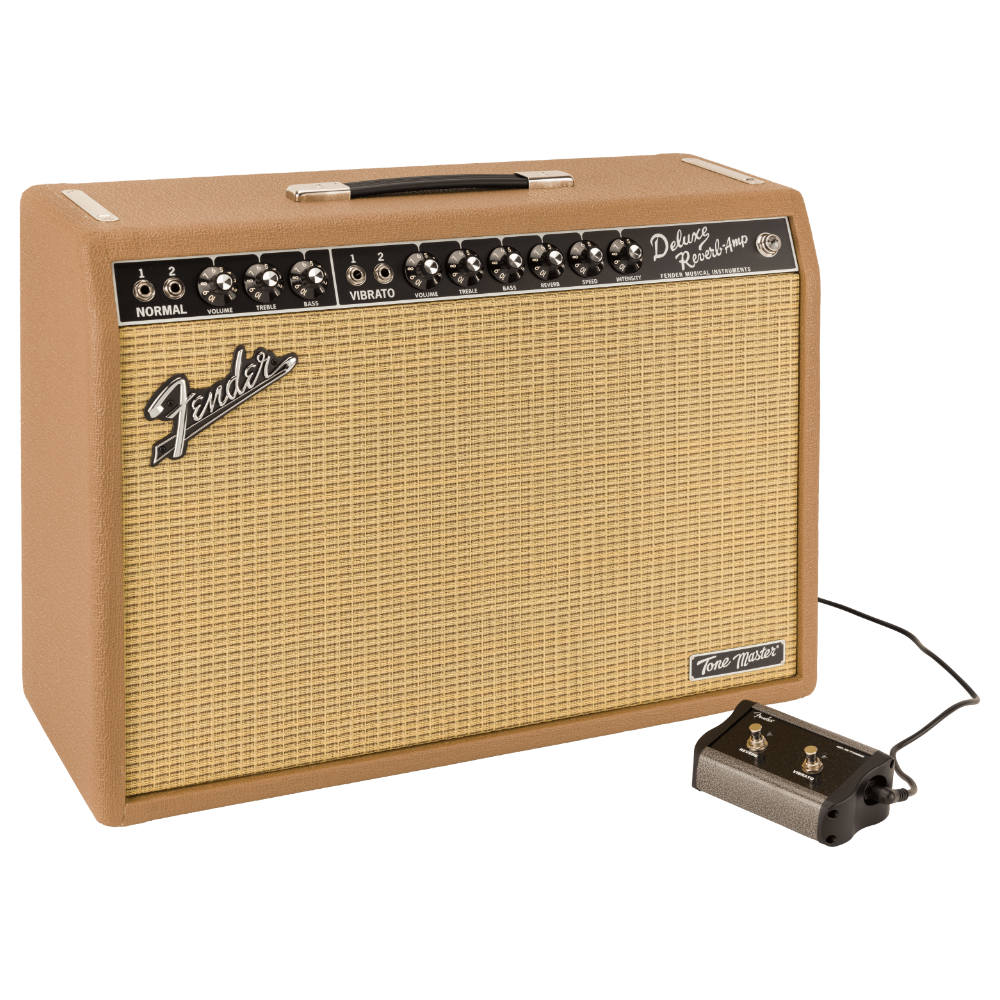 Fender FSR Tone Master Deluxe Reverb Cocoa Front View ; Fender FSR Tone Master Deluxe Reverb Cocoa with Footswitch ; Fender FSR Tone Master Deluxe Reverb Cocoa Back View
