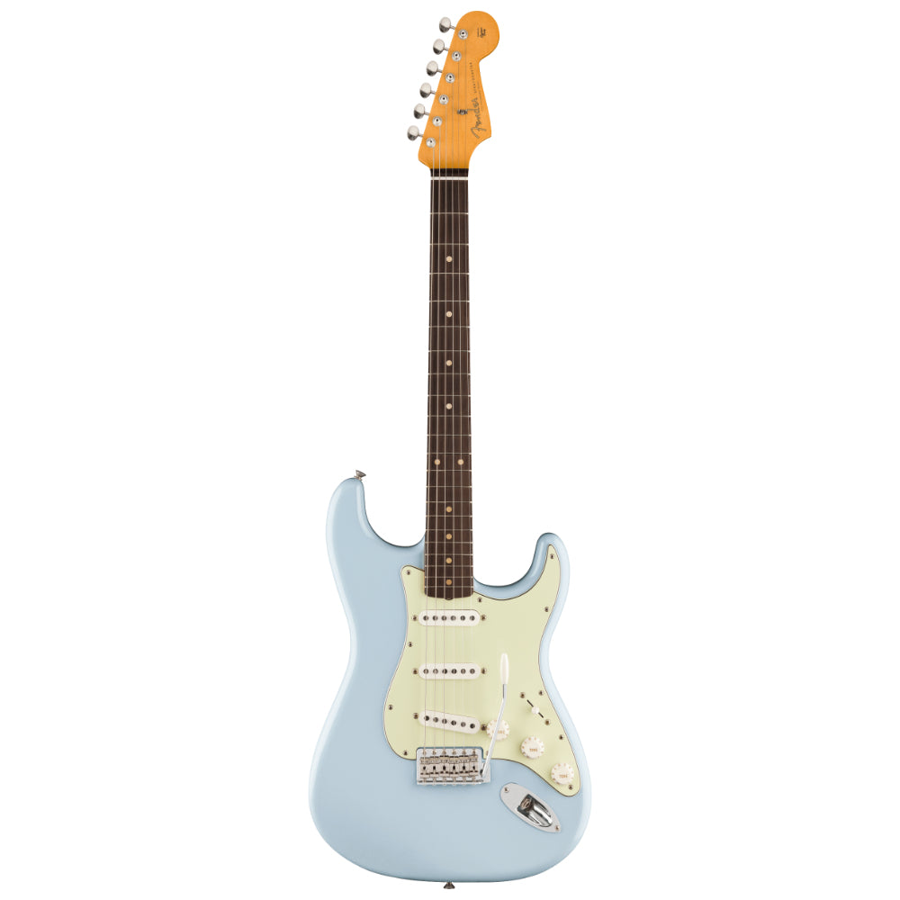 Fedner Limited Edition Vintera II Road Worn '60s Stratocaster Sonic Blue Body View ; Fedner Limited Edition Vintera II Road Worn '60s Stratocaster Sonic Blue Full View ; Fedner Limited Edition Vintera II Road Worn '60s Stratocaster Sonic Blue Back View