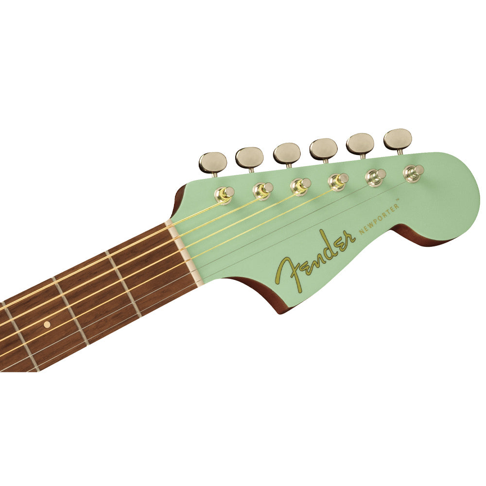 Fender Newporter Player Surf Green Acoustic/Electric Guitar Front ; Fender Newporter Player Surf Green Acoustic/Electric Guitar Full ; Fender Newporter Player Surf Green Acoustic/Electric Guitar Headstock
