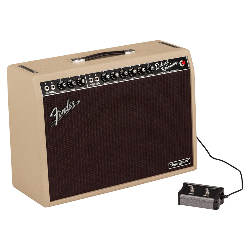Fender Tone Master Deluxe Reverb Blonde Guitar Amp ; Fender Tone Master Deluxe Reverb Blonde Angle with footswitch ; Fender Tone Master Deluxe Reverb Blonde Guitar Amp