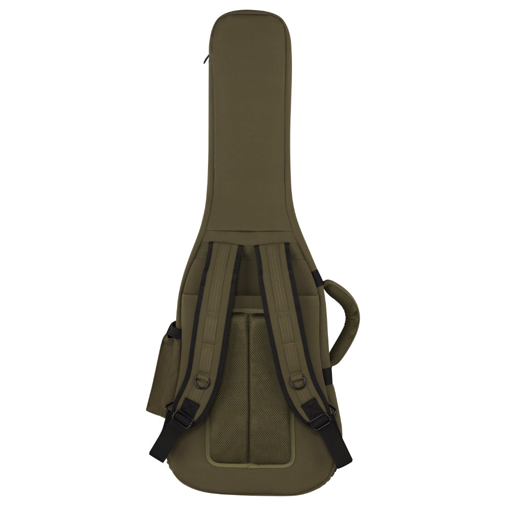 Fender Troubadour Electric Guitar Gig Bag Olive Front View ; Fender Troubadour Electric Guitar Gig Bag Olive Open View ; Fender Troubadour Electric Guitar Gig Bag Olive Back View