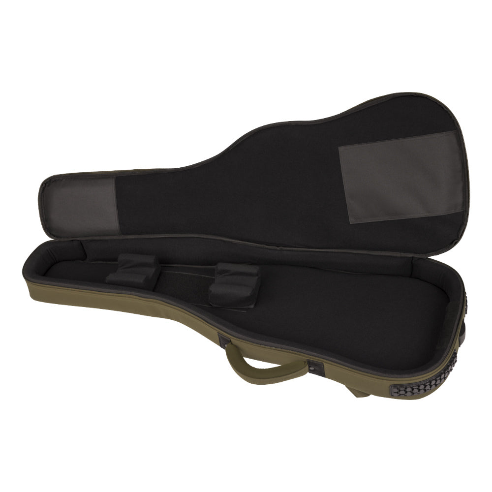 Fender Troubadour Electric Guitar Gig Bag Olive Front View ; Fender Troubadour Electric Guitar Gig Bag Olive Open View ; Fender Troubadour Electric Guitar Gig Bag Olive Back View