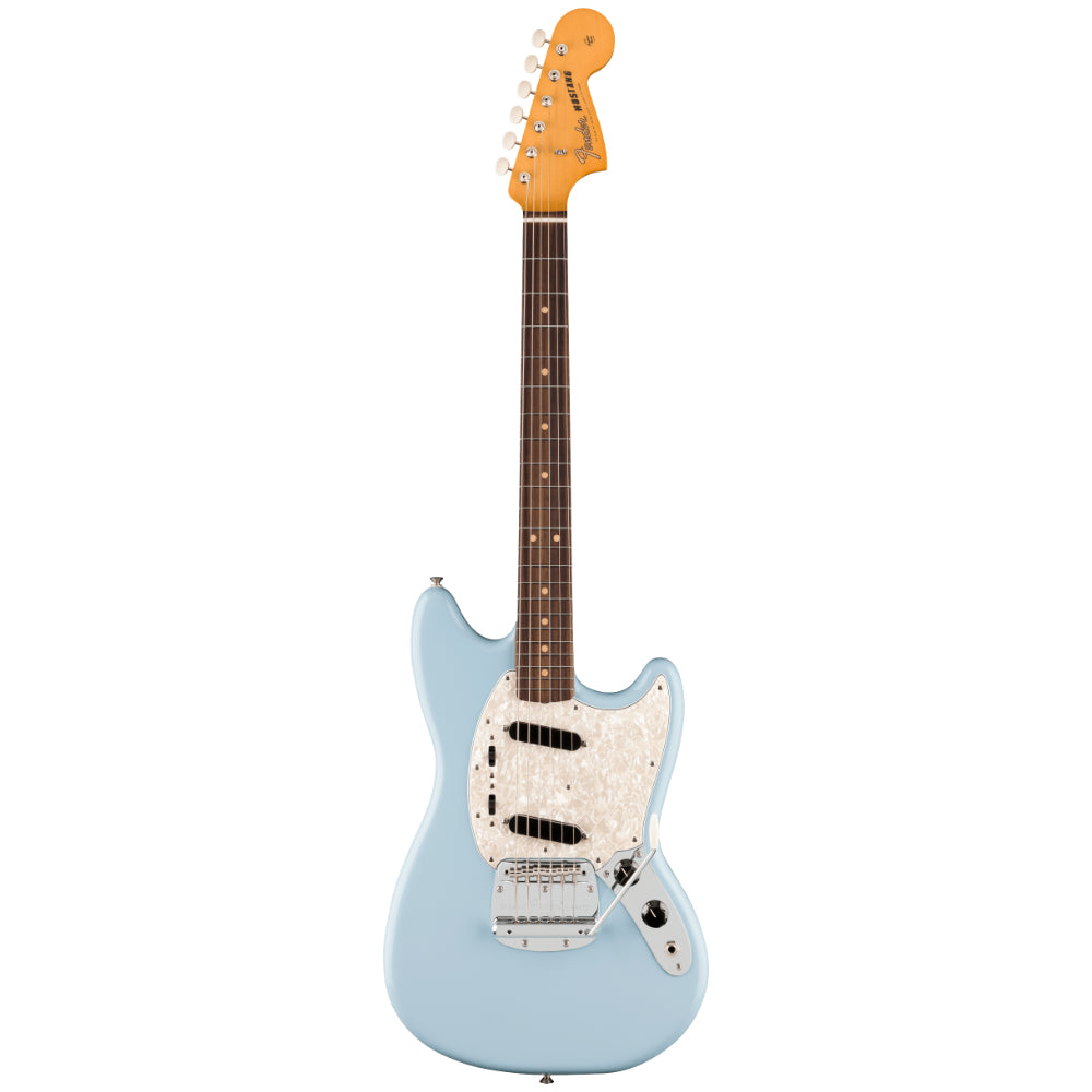 Fender Vintera III Mid '60s Mustang Sonic Blue Body View ; Fender Vintera III Mid '60s Mustang Sonic Blue Full View ; Fender Vintera III Mid '60s Mustang Sonic Blue Back View
