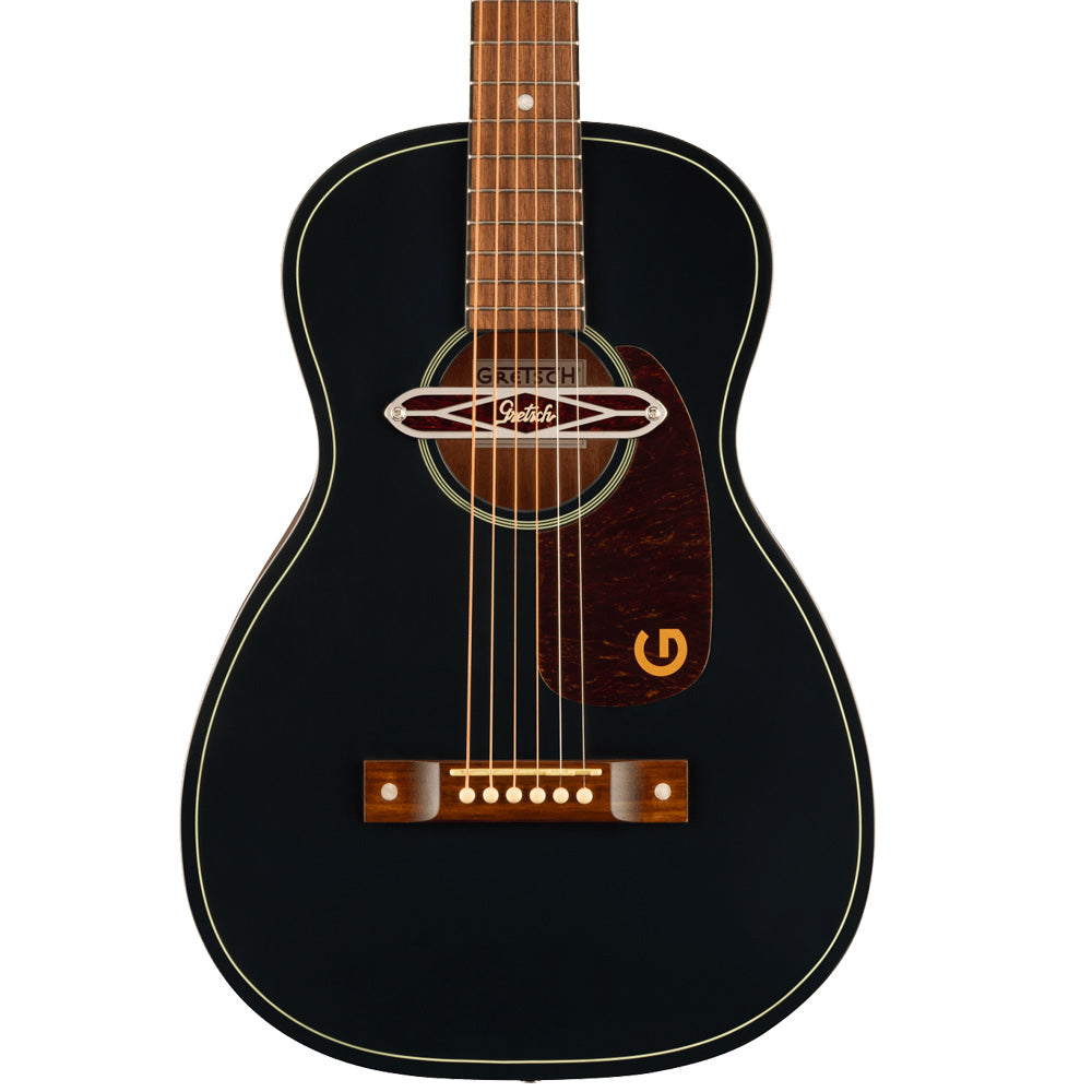 Gretsch Jim Dandy Deltoluxe Parlor Black Top Front Front ; Gretsch Jim Dandy Deltoluxe Parlor Black Top Full ; Gretsch Jim Dandy Deltoluxe Parlor Black Top Front Headstock