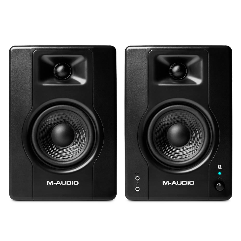 M-Audio BX4 4" Powered Studio Monitors w/Bluetooth (Pair) ; M-Audio BX4 4" Powered Studio Monitors w/Bluetooth (Pair) Angle ; M-Audio BX4 4" Powered Studio Monitors w/Bluetooth (Pair) Rear