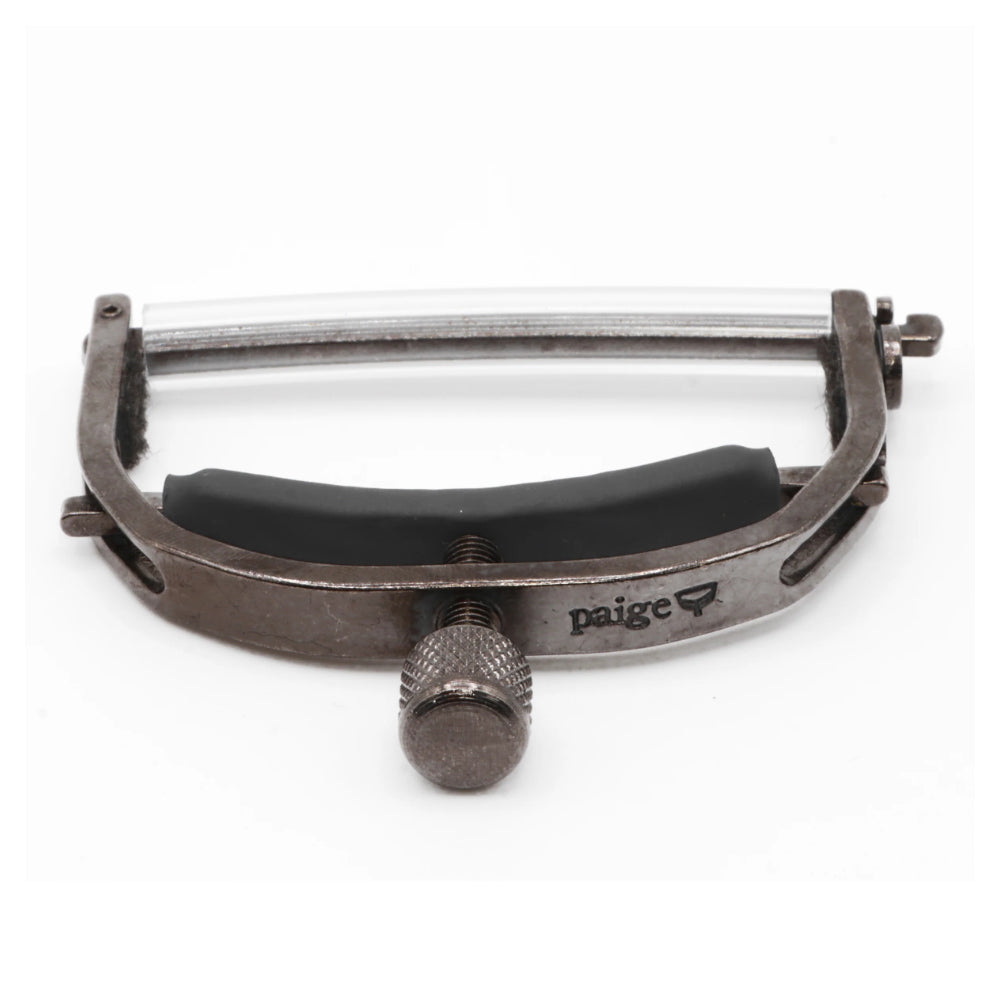 Paige Original 6-String Acoustic Capo Wide Smokey Black Nickel ; Paige Original 6-String Acoustic Capo Wide Smokey Black Nickel Open View ; Paige Original 6-String Acoustic Capo Wide Smokey Black Nickel Bottom View