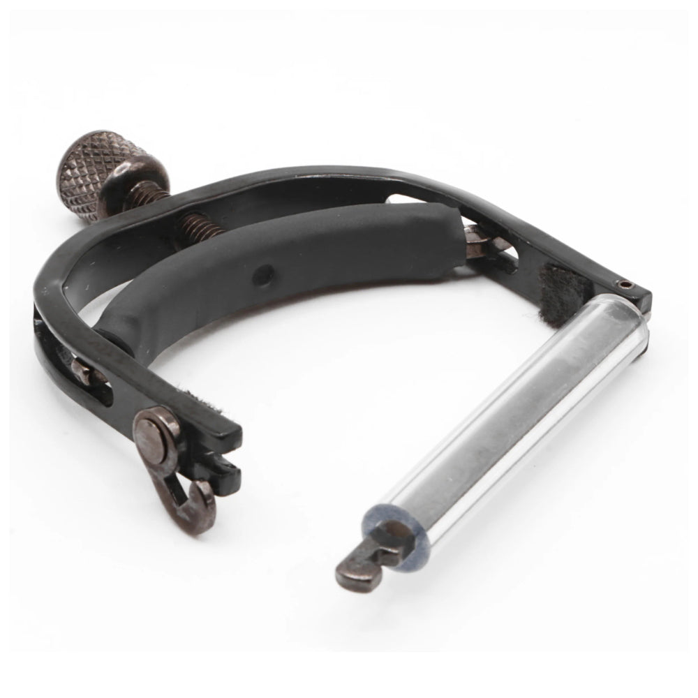Paige Mandolin/Banjo/Ukulele Capo Wide Smokey Black Nickel ; Paige Mandolin/Banjo/Ukulele Capo Wide Smokey Black Nickel Side View ; Paige Mandolin/Banjo/Ukulele Capo Wide Smokey Black Nickel Open View