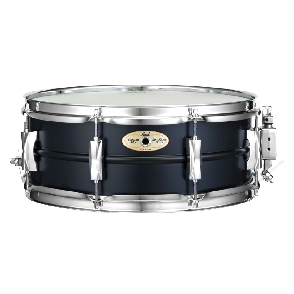 Pearl Limited Edition Sensitone Heritage Alloy Steel 14″x 5.5″ Matte Black Snare Drum Front View ; Pearl Limited Edition Sensitone Heritage Alloy Steel 14″x 5.5″ Matte Black Snare Drum Side View