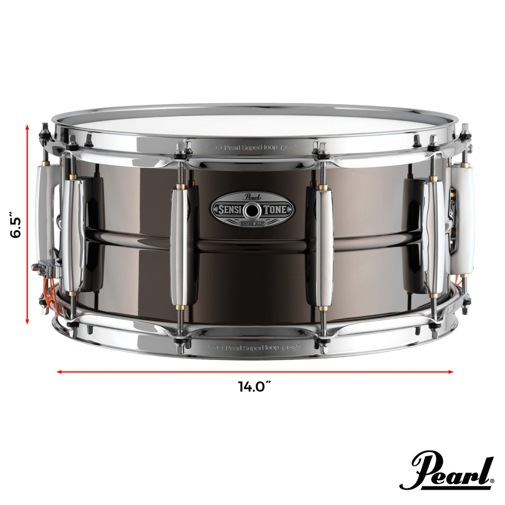 Pearl Sensitone Heritage Alloy Black Brass 14"x6.5" Snare Drum ; Pearl Sensitone Heritage Alloy Black Brass 14"x6.5" Snare Drum Dimensions ; Pearl Sensitone Heritage Alloy Black Brass 14"x6.5" Snare Drum Info
