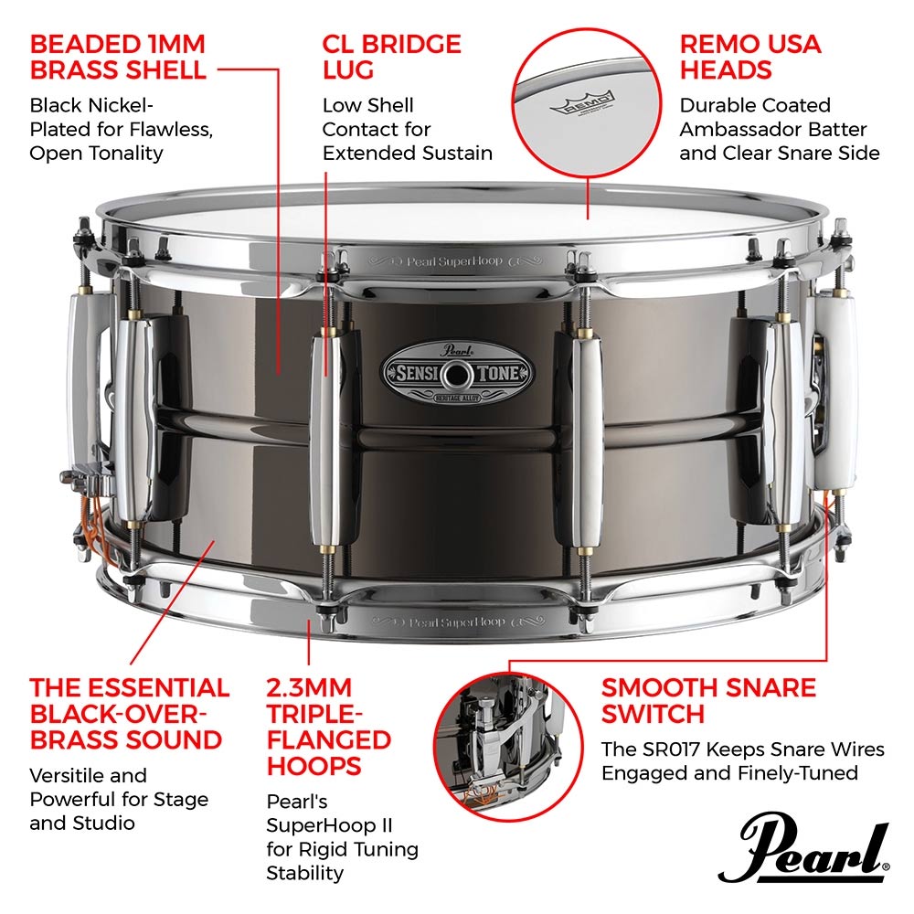 Pearl Sensitone Heritage Alloy Black Brass 14"x6.5" Snare Drum ; Pearl Sensitone Heritage Alloy Black Brass 14"x6.5" Snare Drum Dimensions ; Pearl Sensitone Heritage Alloy Black Brass 14"x6.5" Snare Drum Info