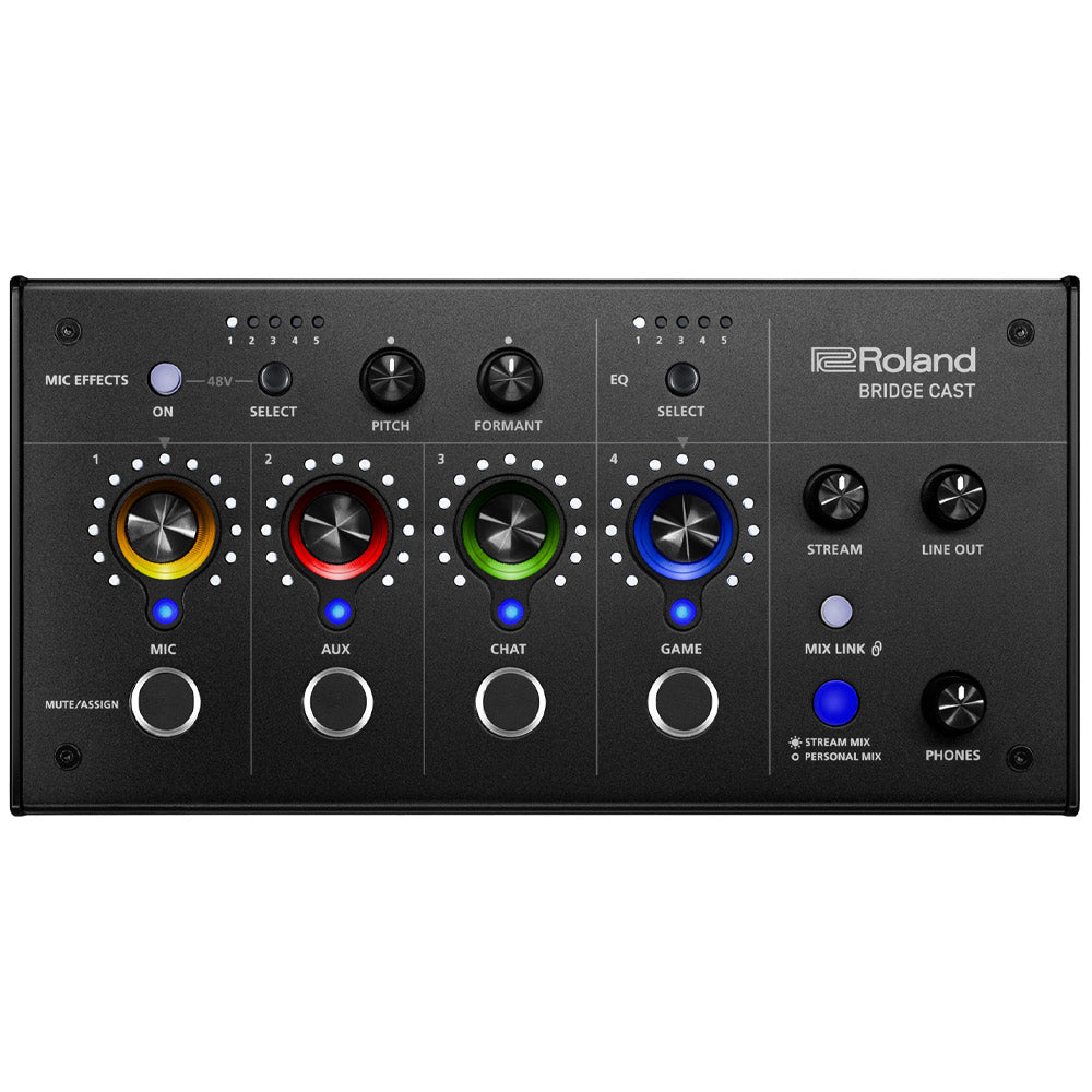 Roland Bridgecast Gaming Mixer Front ; Roland Bridgecast Gaming Mixer Front Angle ; Roland Bridgecast Gaming Mixer Side Angle ; Roland Bridgecast Gaming Mixer Rear ; Roland Bridgecast Gaming Mixer Connections