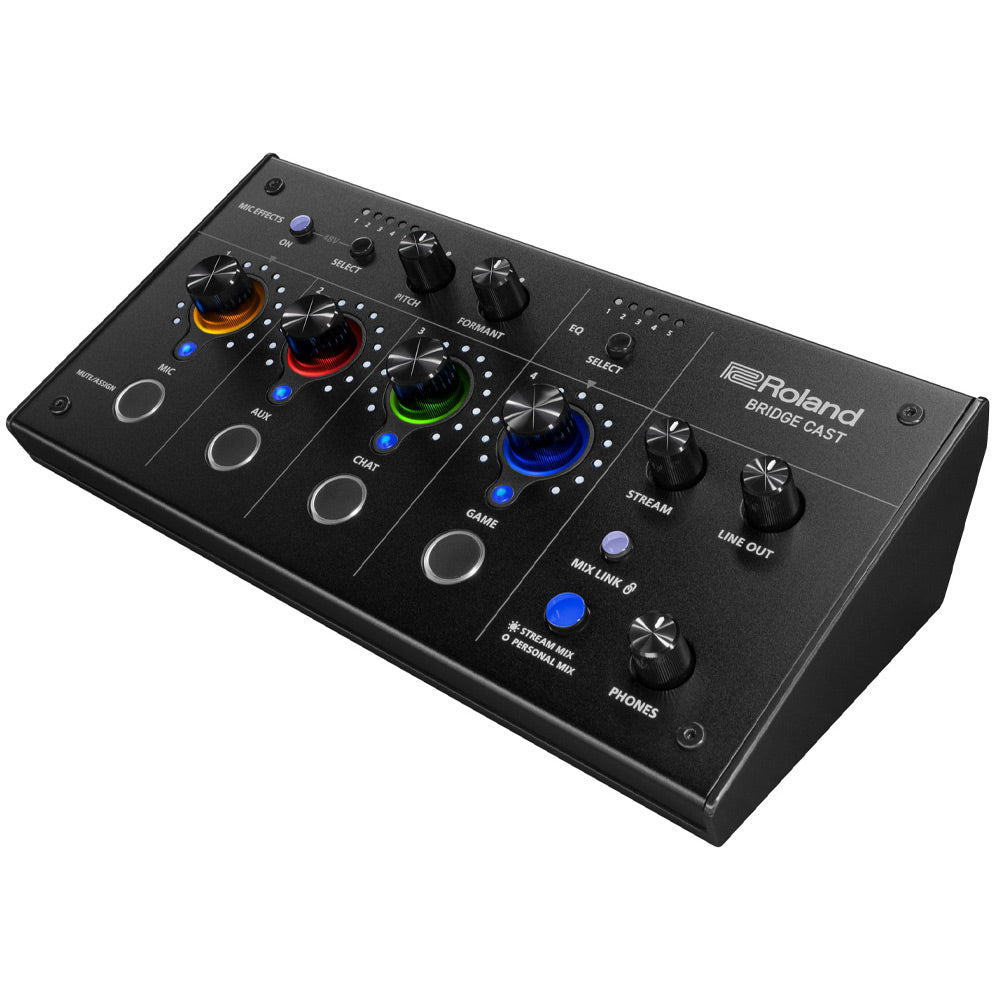 Roland Bridgecast Gaming Mixer Front ; Roland Bridgecast Gaming Mixer Front Angle ; Roland Bridgecast Gaming Mixer Side Angle ; Roland Bridgecast Gaming Mixer Rear ; Roland Bridgecast Gaming Mixer Connections