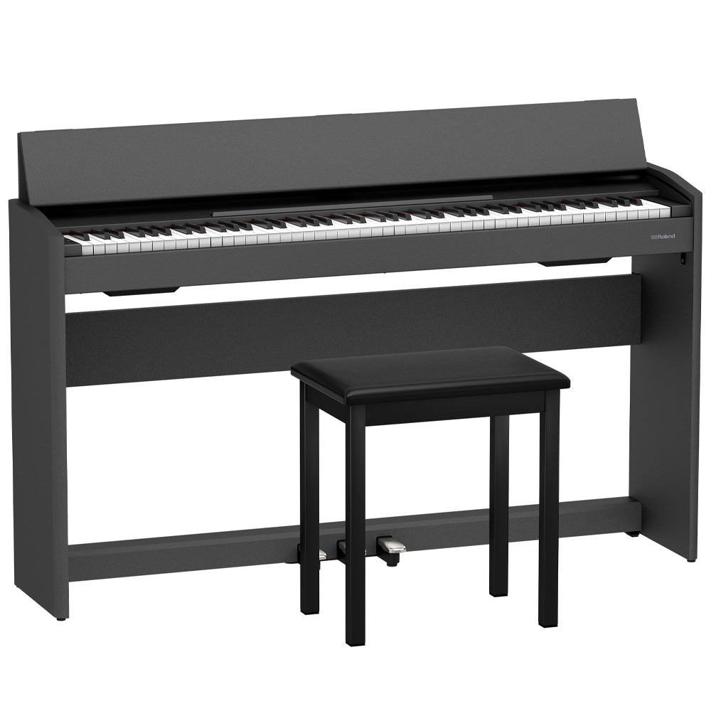 Roland F107 Compact Digital Piano Black Angle ; Roland F107 Compact Digital Piano Black Front Angle ; Roland F107 Compact Digital Piano Black Angle Bench ; Roland F107 Compact Digital Piano Black Above