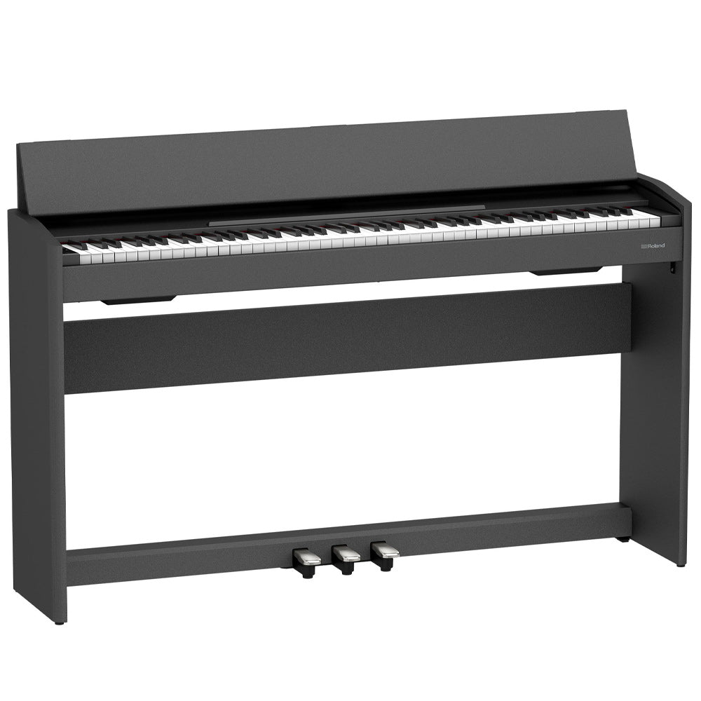 Roland F107 Compact Digital Piano Black Angle ; Roland F107 Compact Digital Piano Black Front Angle ; Roland F107 Compact Digital Piano Black Angle Bench ; Roland F107 Compact Digital Piano Black Above