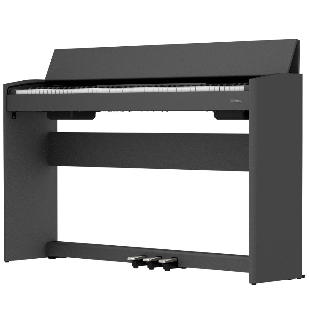 Roland F107 Compact Digital Piano Black Angle ; Roland F107 Compact Digital Piano Black Front Angle ; Roland F107 Compact Digital Piano Black Angle Bench ; Roland F107 Compact Digital Piano Black Above