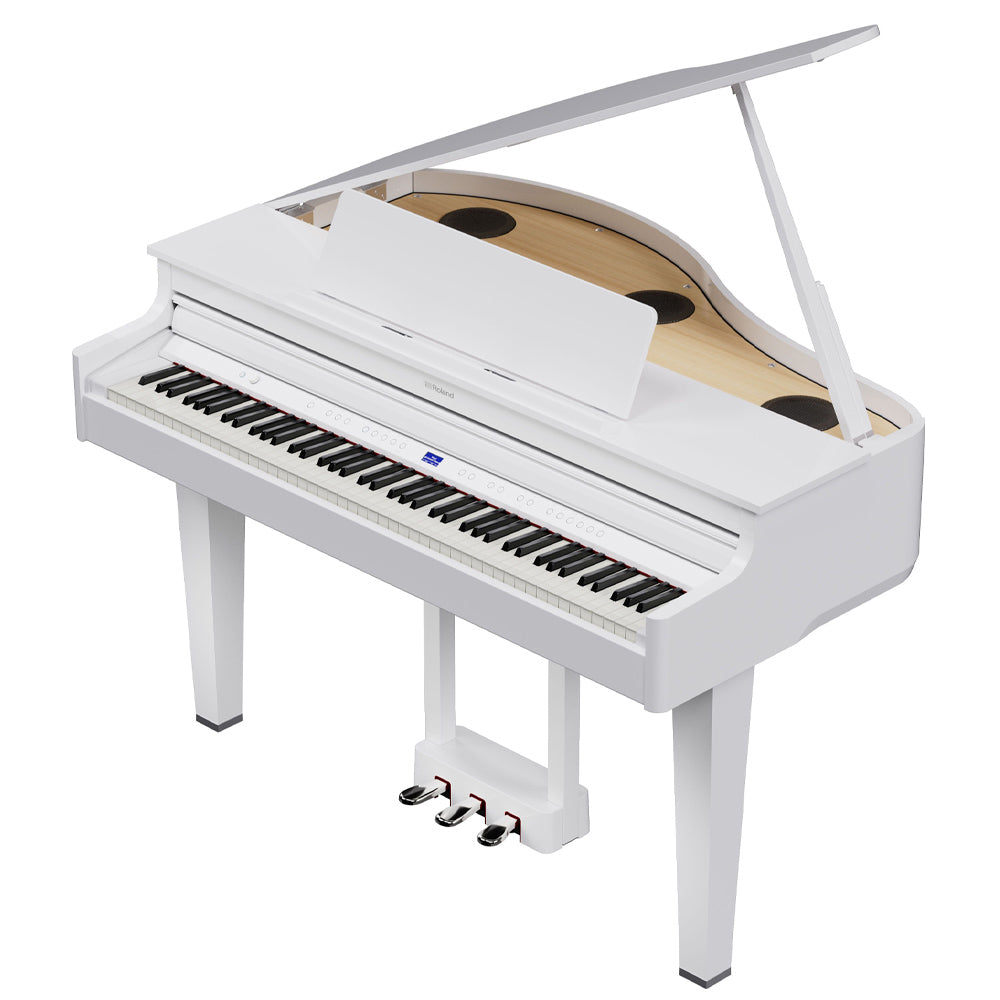 Roland GP6PW Mini Grand Piano - Polished White W/Piano Bench Open Above ; Roland GP6PW Mini Grand Piano - Polished White W/Piano Bench Open Angle ; Roland GP6PW Mini Grand Piano - Polished White W/Piano Bench Open Side