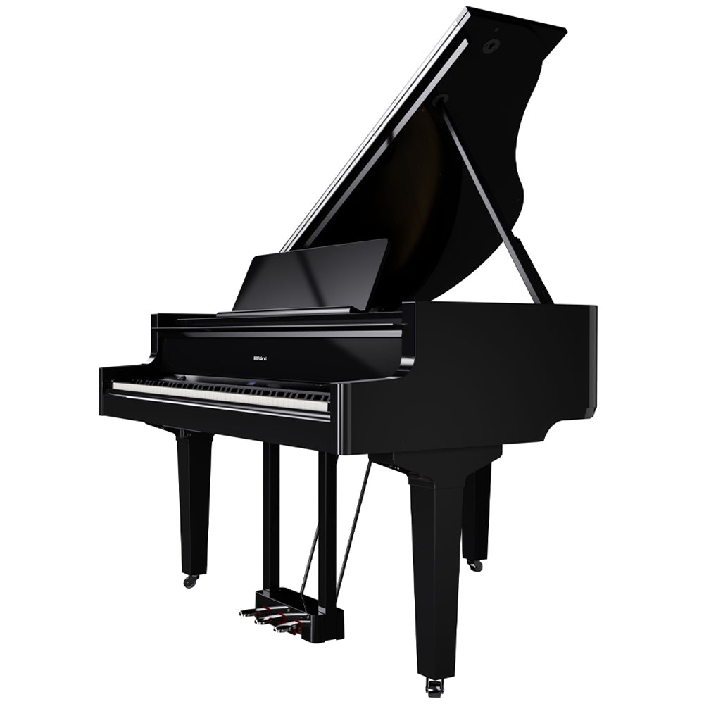 Roland GP9PE Grand Piano - Polished Ebony W/Piano Bench Angle Above ; Roland GP9PE Grand Piano - Polished Ebony W/Piano Bench Open Angle ; Roland GP9PE Grand Piano - Polished Ebony W/Piano Bench Angle Side ; Roland GP9PE Grand Piano - Polished Ebony W/Piano Bench Overhead