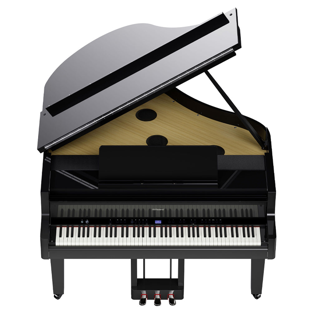 Roland GP9PE Grand Piano - Polished Ebony W/Piano Bench Angle Above ; Roland GP9PE Grand Piano - Polished Ebony W/Piano Bench Open Angle ; Roland GP9PE Grand Piano - Polished Ebony W/Piano Bench Angle Side ; Roland GP9PE Grand Piano - Polished Ebony W/Piano Bench Overhead
