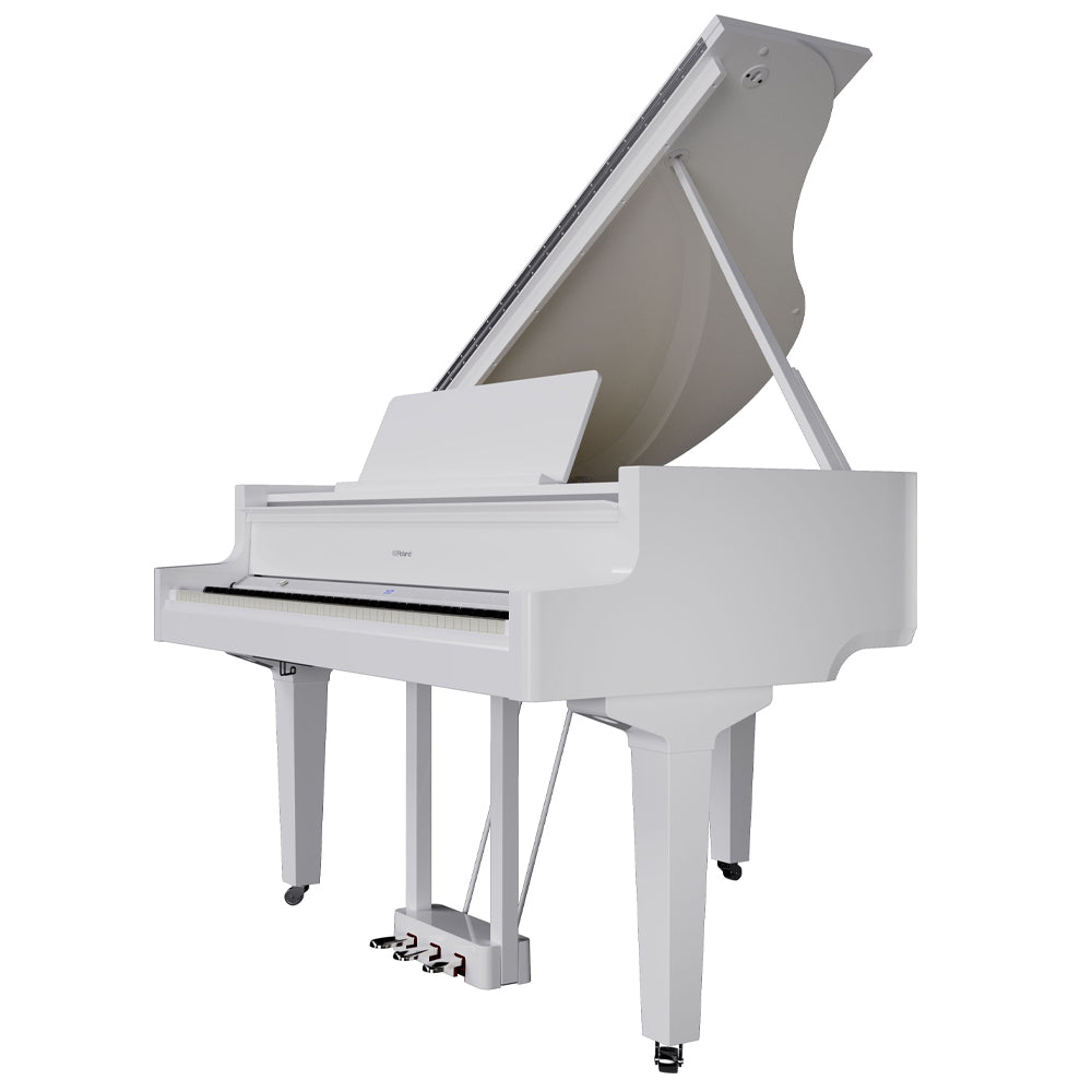 Roland GP9PW Grand Piano - Polished White W/Piano Bench Angle Above ; Roland GP9PW Grand Piano - Polished White W/Piano Bench Open Angle