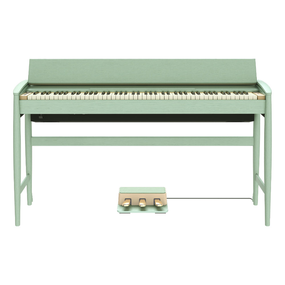 Roland Kiyola KF20 Artisan Digital Piano Celadon Green Front View ; Roland Kiyola KF20 Artisan Digital Piano Celadon Green Top View ; Roland Kiyola KF20 Artisan Digital Piano Celadon Green Angled View ; Roland Kiyola KF20 Artisan Digital Piano Celadon Green Pedals View