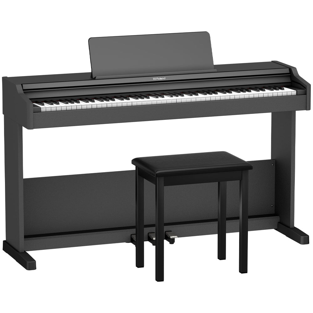 Roland RP107 Digital Piano Black Angle ; Roland RP107 Digital Piano Black Front ; Roland RP107 Digital Piano Black Front Angle ; Roland RP107 Digital Piano Black Angle Bench ; Roland RP107 Digital Piano Black Above