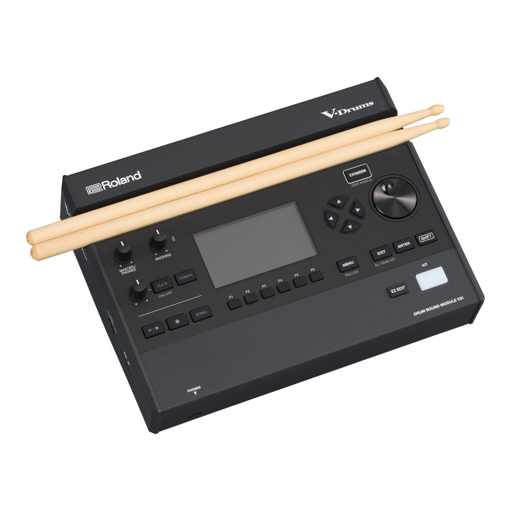 Roland V31 Module ; Roland V31 Drum Sound Module Side View ; Roland V31 Drum Sound Module Top View with sticks ; Roland V31 Drum Sound Module Back View