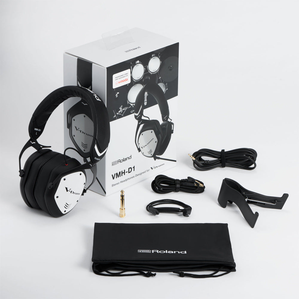 Roland VMH-D1 V-Drums Headphones Profile ; Roland VMH-D1 V-Drums Headphones Side ; Roland VMH-D1 V-Drums Headphones Accessories