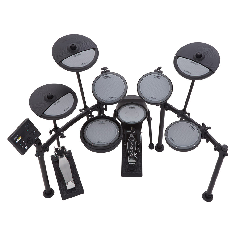 Roland VQD106S Quiet Design Digital Drum Kit Front ; Roland VQD106S Quiet Design Digital Drum Kit Right ; Roland VQD106S Quiet Design Digital Drum Kit ; Roland VQD106S Quiet Design Digital Drum Kit Above ; Roland VQD106S Quiet Design Digital Drum Kit Module ; Roland VQD106S Quiet Design Digital Drum Kit Rack