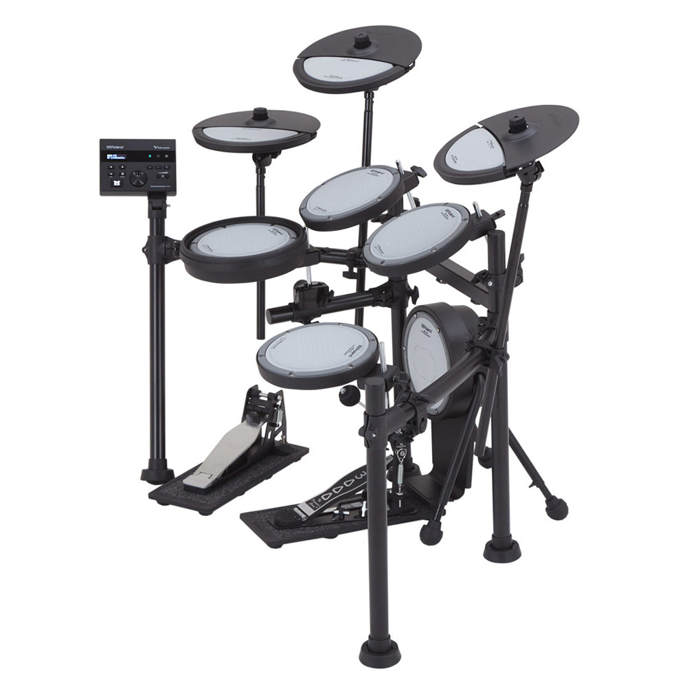 Roland VQD106S Quiet Design Digital Drum Kit Front ; Roland VQD106S Quiet Design Digital Drum Kit Right ; Roland VQD106S Quiet Design Digital Drum Kit ; Roland VQD106S Quiet Design Digital Drum Kit Above ; Roland VQD106S Quiet Design Digital Drum Kit Module ; Roland VQD106S Quiet Design Digital Drum Kit Rack