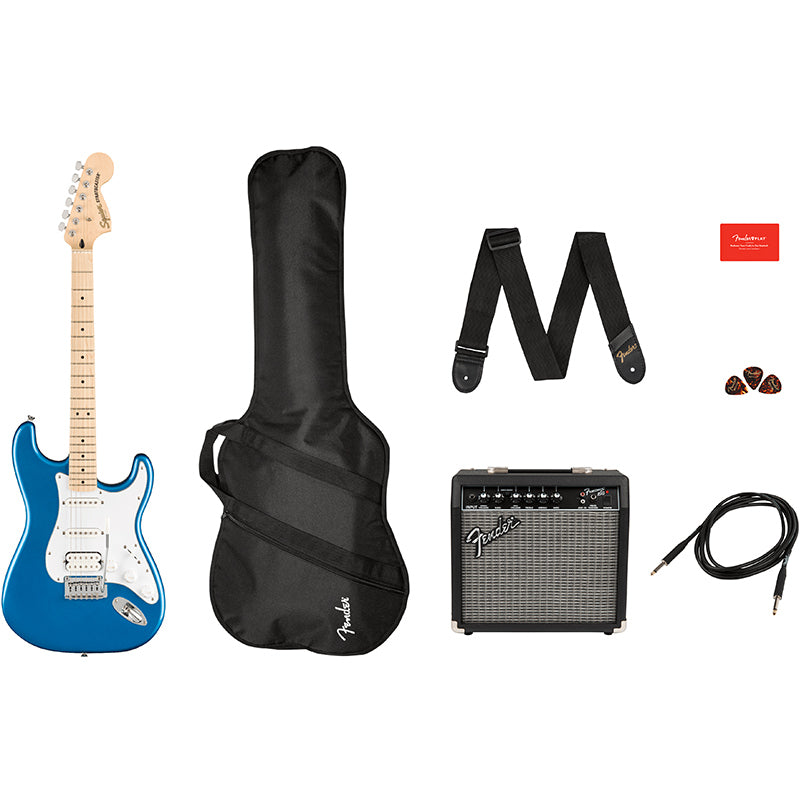 Squier Affinity Strat Pack Lake Placid Blue pack ; Squier Affinity Strat Pack Lake Placid Blue contents ; Squier Affinity Strat Pack Lake Placid Blue guitar ; Squier Affinity Strat Pack Lake Placid Blue amp