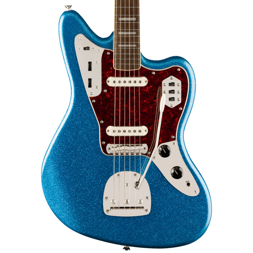 Squier Limited Edition Classic Vibe '70s Jaguar Blue Sparkle Body View ; Squier Limited Edition Classic Vibe '70s Jaguar Blue Sparkle Full View ; Squier Limited Edition Classic Vibe '70s Jaguar Blue Sparkle Back View