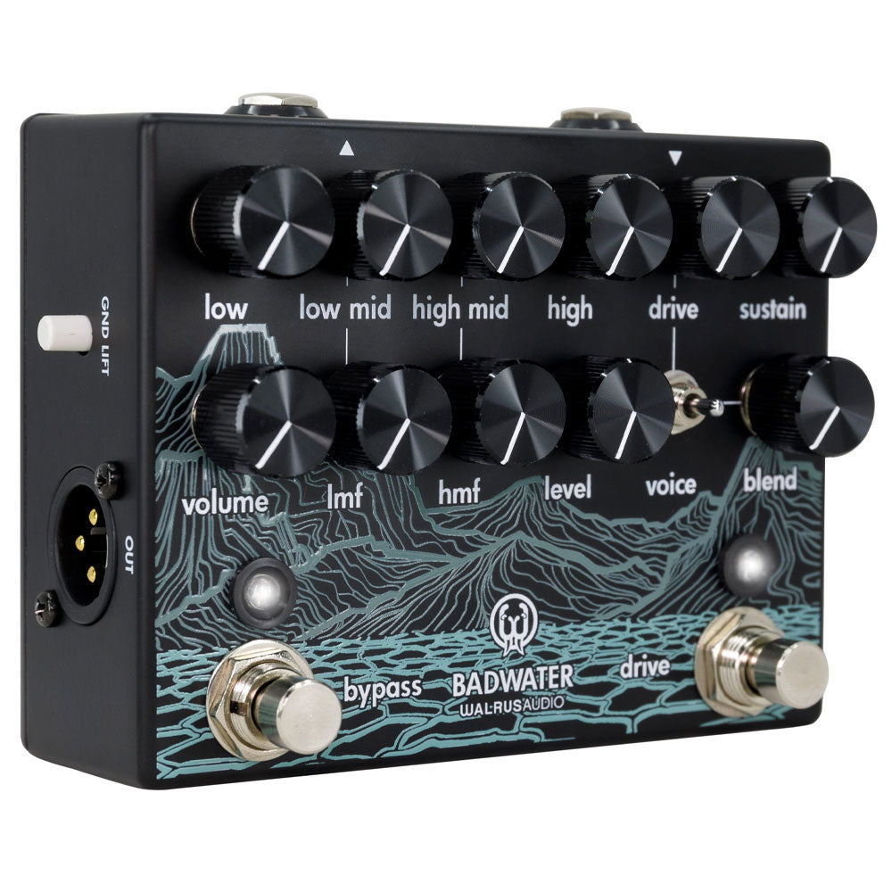 Walrus Audio Badwater Bass Pre-Amp D.I. Front ; Walrus Audio Badwater Bass Pre-Amp D.I. Angle ; Walrus Audio Badwater Bass Pre-Amp D.I. Side