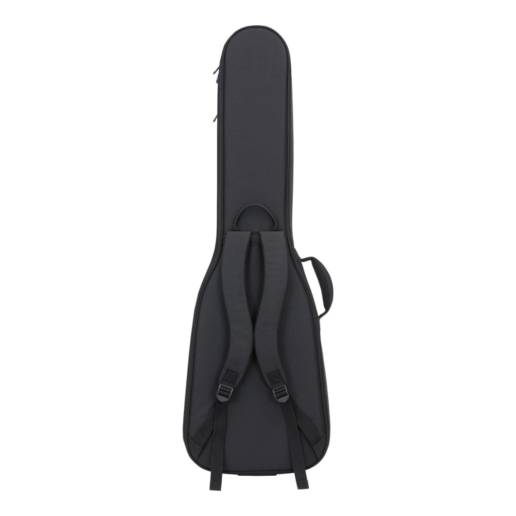 A black soft-sided guitar or bass case shown from the back, featuring padded shoulder straps with buckles and a top carry handle, isolated on a white background.