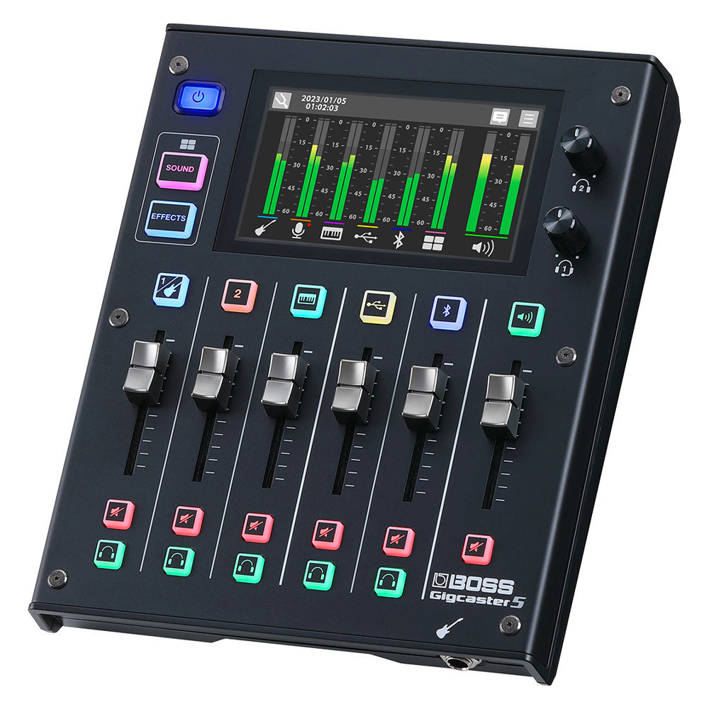 Boss Gigcaster 5 Streaming Mixer Front ; Boss Gigcaster 5 Streaming Mixer Angle ; Boss Gigcaster 5 Streaming Mixer Rear