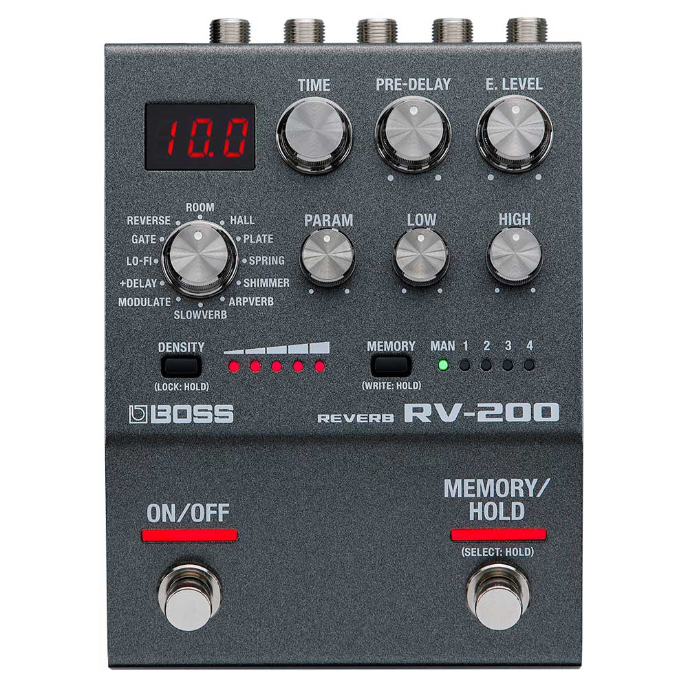 Boss RV-200 Reverb Pedal ; Boss RV-200 Reverb Pedal Left ; Boss RV-200 Reverb Pedal Above Angle ; Boss RV-200 Reverb Pedal Rear