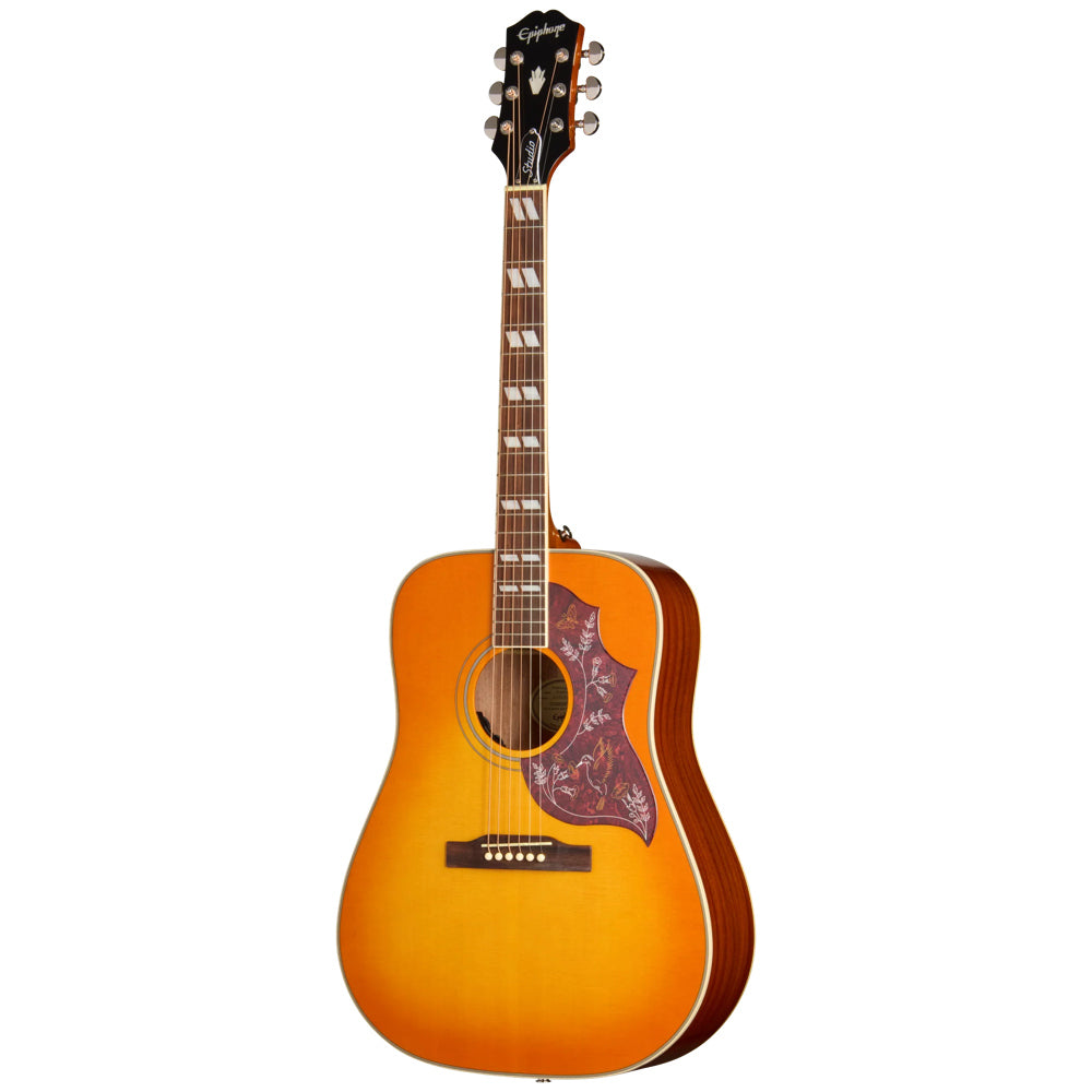 Epiphone Hummingbird Studio Heritage Cherry Sunburst Body View ; Epiphone Hummingbird Studio Heritage Cherry Sunburst Full View ; Epiphone Hummingbird Studio Heritage Cherry Sunburst Back View